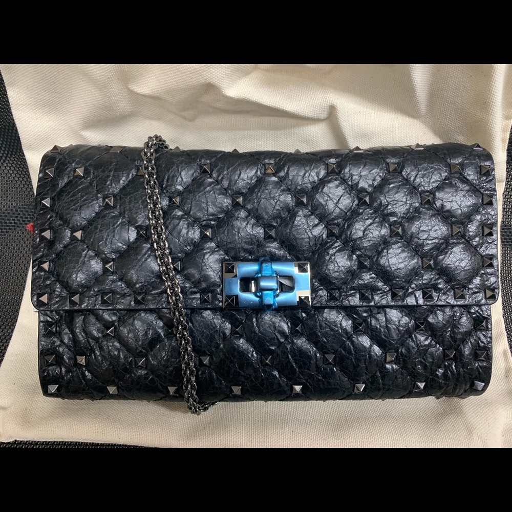 Valentino Textured Black Clutch with Metallic Blue Clasp